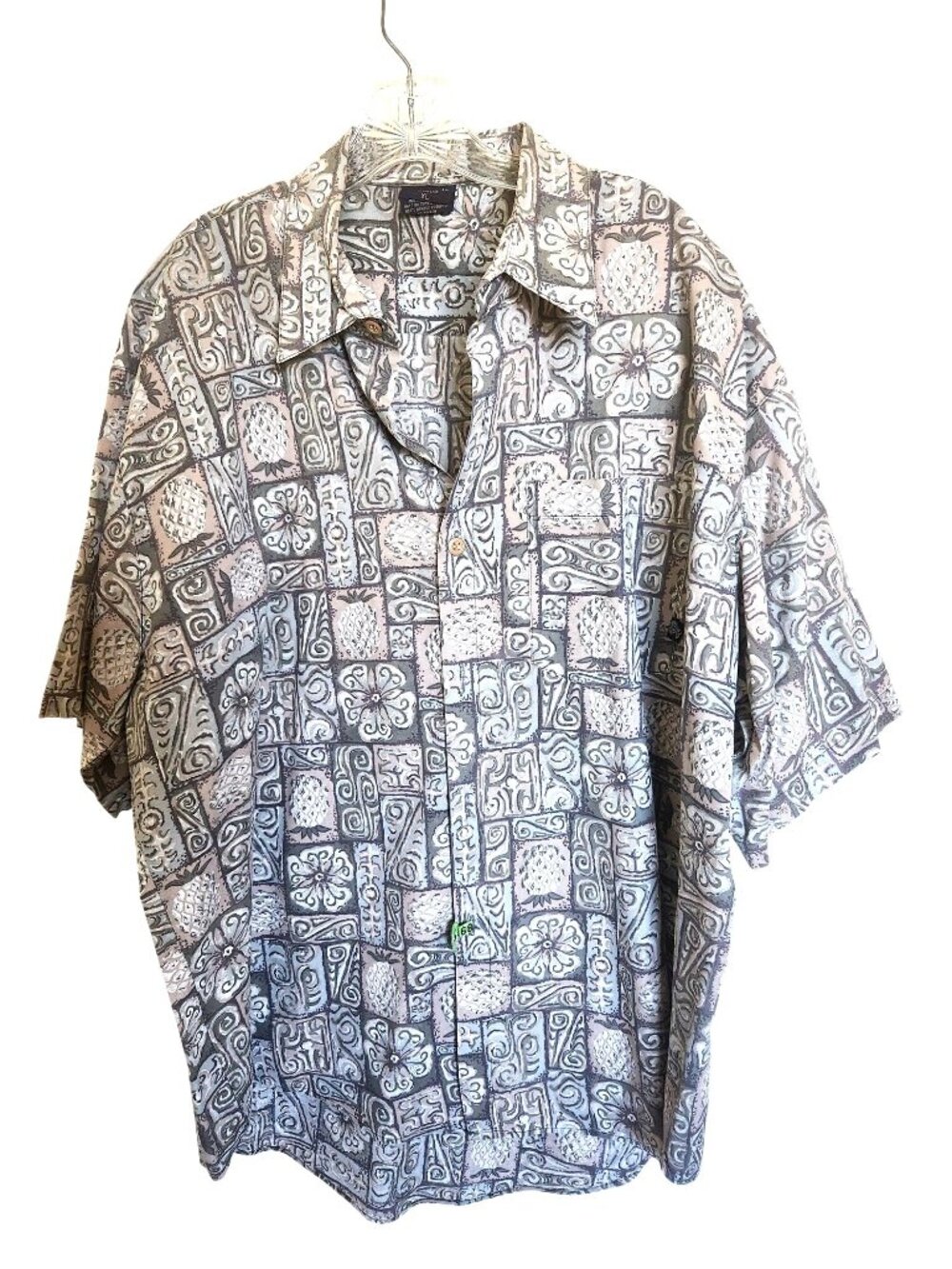Island Soul Vintage Mens Hawaiian Shirt Gray Abstract Print XL 100% Cotton Made